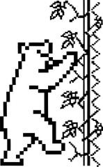 Fototapeta premium pixel art bear climbing vine, black and white retro game illustration