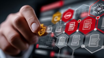 Hand pointing at glowing business metrics icon among data hexagons