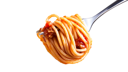 Fork twirling spaghetti topped with meaty tomato sauce,
