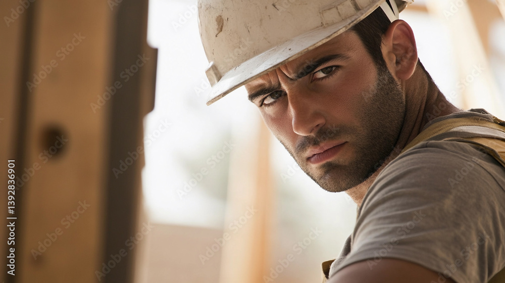 Poster worker in hard hat concentrates on construction tasks generative ai