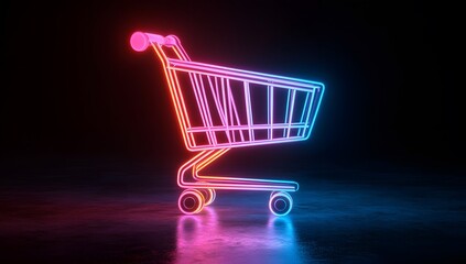 Neon shopping cart icon glows with blue pink and orange on black background.