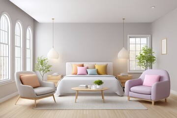 Fototapeta premium A serene bedroom with pastel colors, minimal furnishings, and cozy bedding