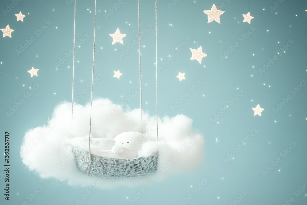 Poster dreamy cradle nestled in a soft cloud surrounded by twinkling stars, creating a serene bedtime atmos