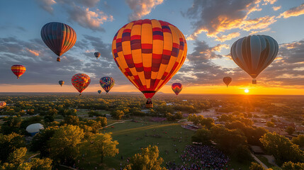 Fototapeta premium Colorful Hot Air Balloons Soaring Above City at Sunset