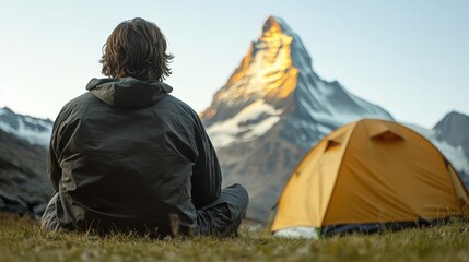 Fototapeta premium Serene camper enjoying sunset views of majestic mountains near a vibrant tent