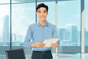 Fototapeta premium Asian professional man in a business shirt stands next to the table, smiling positively, holding a folder of documents, background of many skyscrapers. Concept of openness in business. Illustration.