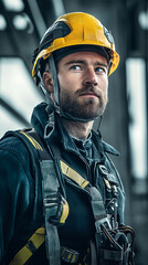 Fototapeta premium A man wearing a yellow helmet and safety harness stands in front of a building