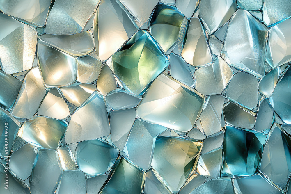 Poster abstract glassy texture with light reflecting off irregular, translucent shapes in shades of white, 