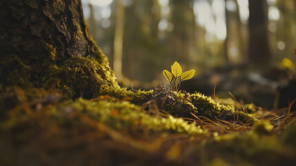 Mossy Tree Trunk: Forest Floor, Green Moss, Woodland Scene, Nature's Texture, Enchanted Forest, Ground Level View, Tranquil Woods.
