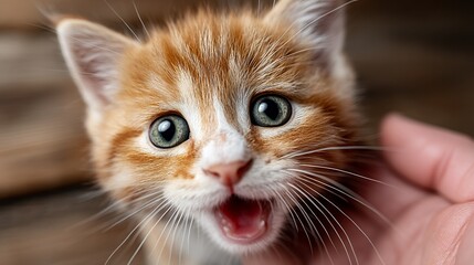 Ginger Kitten Being Pet Looks Adorable with Wide Green Eyes