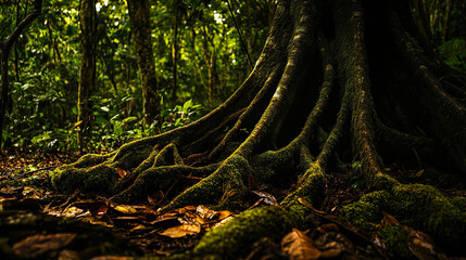 Mossy Tree Trunk: Forest Floor, Woodland Scene, Natural Texture, Green Moss, Enchanted Forest, Nature Background, Lush Environment, Tranquil Woods.
