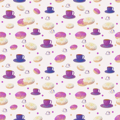 Pattern, seamless, background, donut, donuts, tea, cafe, illustration, image, decor, decoration, fashion, fabric, textile, wallpaper, cover, package pink, lilac, blue, mustard, yellow, art, bakery, bi