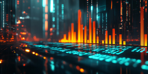 Abstract digital cityscape with glowing orange and teal bars, resembling data visualization or a futuristic display, showcasing technological advancement and progress