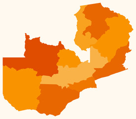 Map of Zambia with regions. Just a simple country border map with region division. Orange color palette. Blank Republic of Zambia shape with administrative division. Vector illustration.