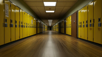Empty High School Hallway: Education Interior, School Building, Abandoned Corridor, Yellow Lockers, Student Life, Learning Environment, Institutional Architecture.
