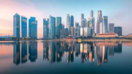 Fototapeta premium Singapore's modern city skyline at sunset showcases its urban architecture and skyscrapers reflecting in the water