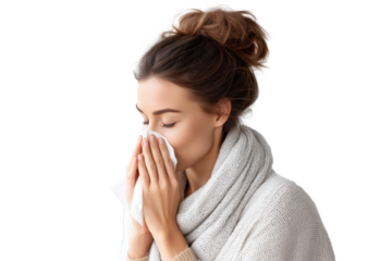 isolated cut out woman blowing her nose with a tissue on transparent background