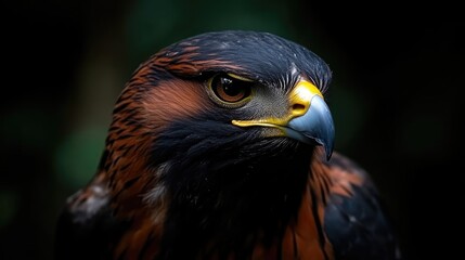 Fototapeta premium Close-up of a hawk's head. Sharp focus on the hawk's intense stare, dark plumage, and vibrant facial features. Natural lighting highlights the detail and texture