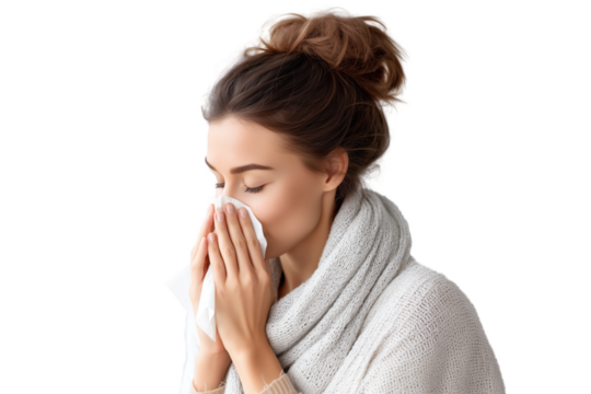 isolated cut out woman blowing her nose with a tissue on transparent background - Powered by Adobe