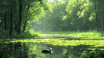 Sunlit forest waterway with bird