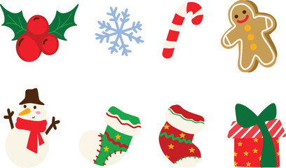 Collection of Christmas isolated vector with Santa, snowmen, decorated trees, gingerbread, socks, bells, gift snowflakes and holiday decorations. Winter elements for scrapbooking for element design 