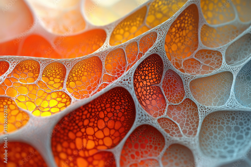Poster Abstract network of vibrant orange and yellow cells with a delicate white framework connecting the structure.