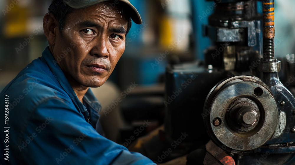 Poster portrait of a factory worker focused on machine repair generative ai
