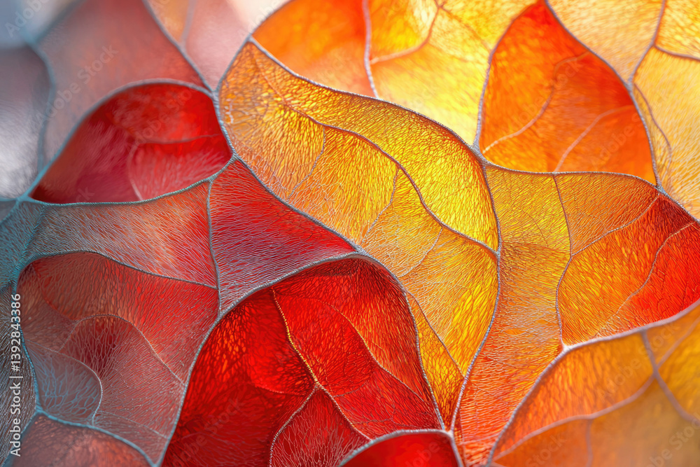 Poster Abstract close-up of red and orange stained glass with leaf-like shapes and intricate textures and patterns.