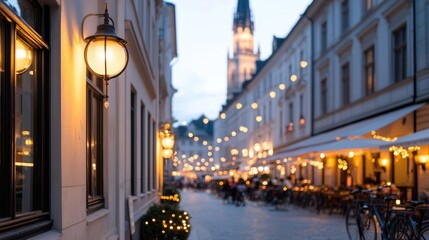 European city street at twilight. Outdoor cafes, warm lighting, and charming architecture