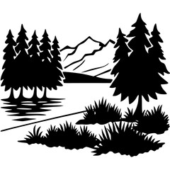 Obraz premium Lake Shoreline Shadows vector silhouette black design white background