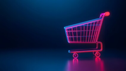 Glowing shopping cart icon in pink and blue on a dark background.