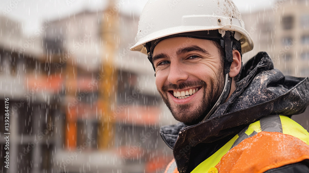 Poster Worker in hard hat smiling on construction site during rain Generative AI