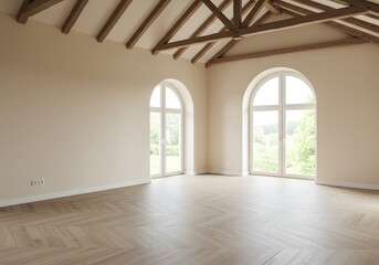 Obraz premium Spacious Empty Room with Wooden Beams and Large Arch Windows