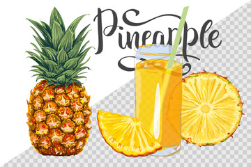Vector  isolated set of realistic  ripe pineapple with juice glass, fruit slices and hand-drawn calligraphy. Exotic tropical summer concept for banners, labels, posters or menu design