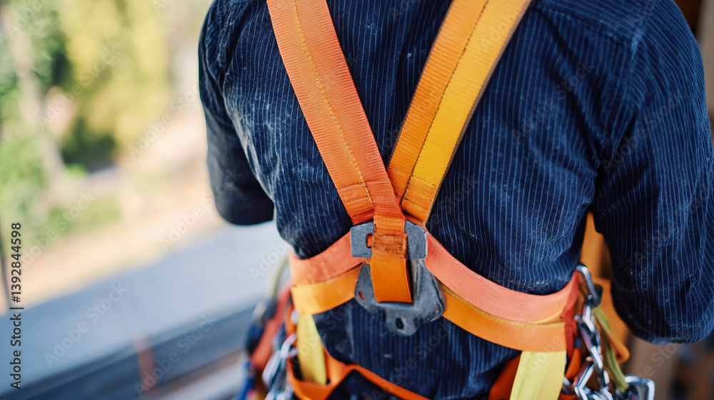 Poster worker secured with harness at a construction site generative ai