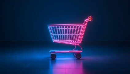 Neon shopping cart glows pink and blue on a dark reflective surface.