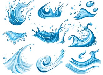 Water splashes in various shapes set isolated on a white background