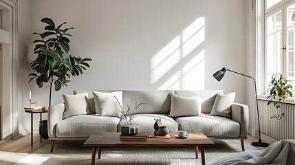 Beautiful Apartment, Sofa, Chair, Dining Table wall Mockup Interior design of modern living room