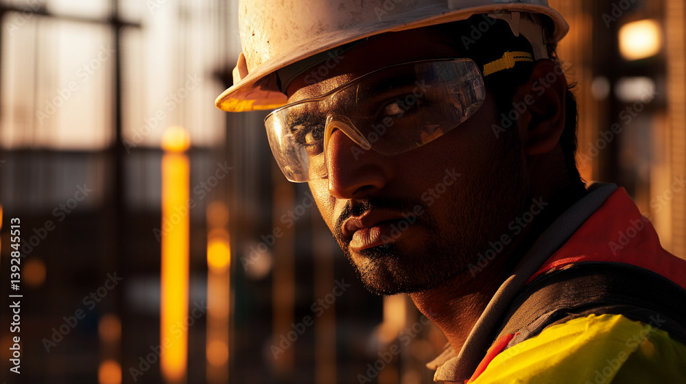 Poster worker in hard hat during sunset at construction site generative ai