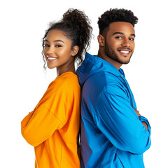 A man wearing a blue jacket and a woman wearing an orange shirt, smiling and standing back-to-back, isolated on a transparent background (2)