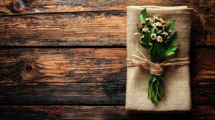 Rustic charm: wildflowers wrapped in burlap on aged wooden surface beauty