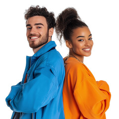 A man wearing a blue jacket and a woman wearing an orange shirt, smiling and standing back-to-back, isolated on a transparent background