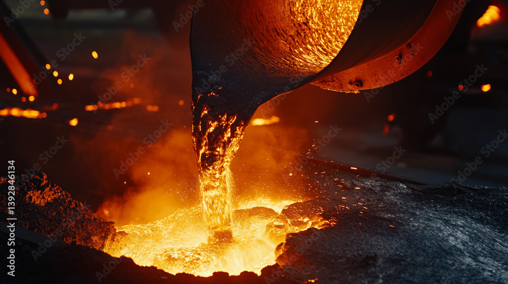 Poster molten metal pours into a casting area at a foundry generative ai