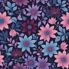 Floral Fantasy With Blue Flowers, Purple Blooms And Pink Leaves, A Burgundy Backdrop. Dreamy, Delicate Swirls Add Depth, A Stunning Pattern For Textile Designs.