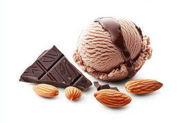 Rich chocolate ice cream scoop with glossy drizzle and almonds on a clean white background