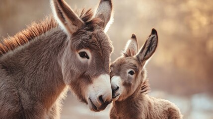 Obraz premium Mother donkey nuzzling foal in warm sunlight. Mother's Day, Mothering Sunday, Dia de la Madre - Global Maternal Celebration, Worldwide Family Holiday