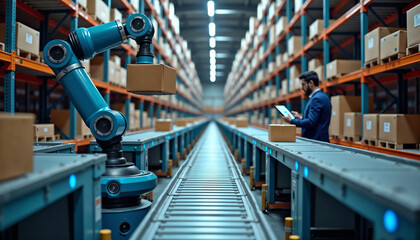 Robot arm in logistics warehouse sorting packages with a worker in the background for warehouse automation, collaborative robotics, and efficient logistics operations