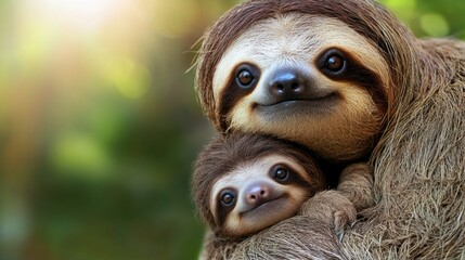 Fototapeta premium Heartwarming moment of sloth mother and baby in a serene forest setting. Mother's Day, Mothering Sunday, Dia de la Madre - Global Maternal Celebration, Worldwide Family Holiday