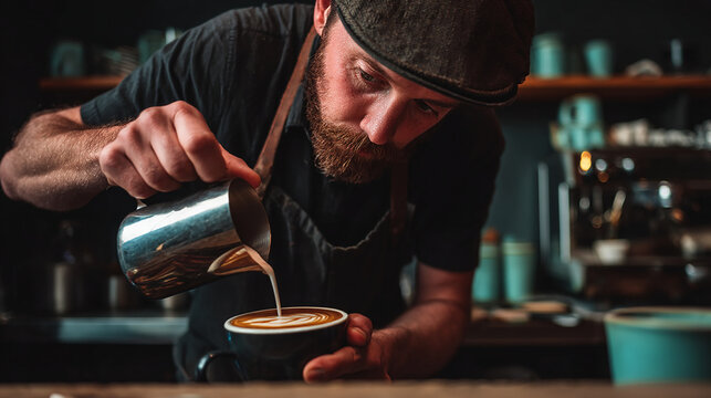 Male barista pouring latte art in cafe, focused expression