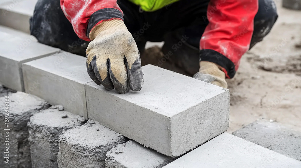 Aufkleber worker in gloves laying concrete blocks at a construction site generative ai